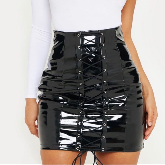PrettyLittleThing Dresses & Skirts - Pretty Little Thing Black Vinyl Lace Up Mini Skirt
